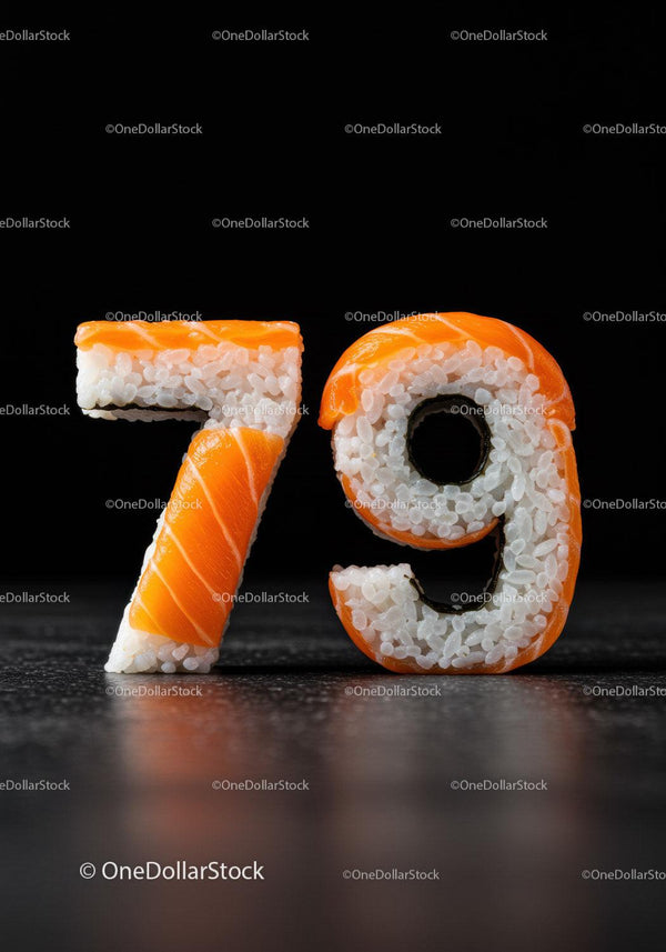 Liczby siedemdziesiąt dziewięć uformowane ze świeżego sushi z łososia