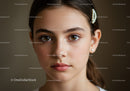 Close-Up Portrait of a Young Woman with Pearl Hair Clip and Hazel Eyes