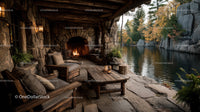 Rustic Lakeside Cabin with Stone Fireplace and Scenic Autumn View