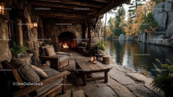 Rustic Lakeside Cabin with Stone Fireplace and Scenic Autumn View