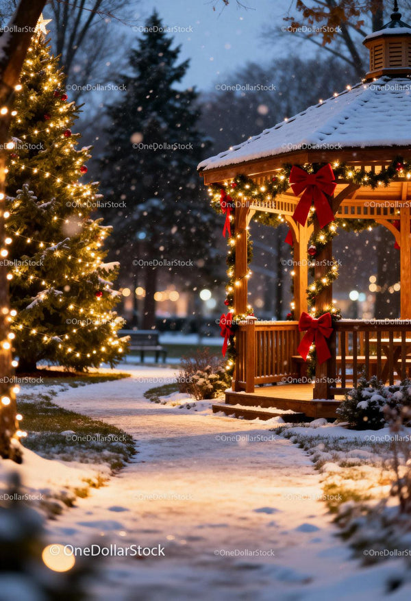 Winter gazebo decorated with Christmas lights and bows