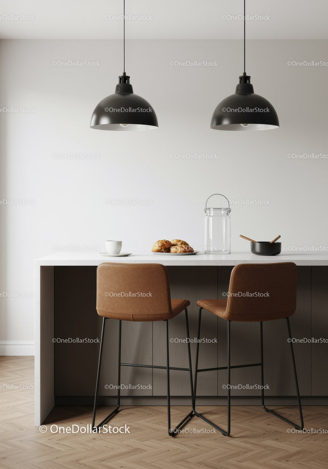 Contemporary Kitchen with Brown Leather Chairs and Pendant Lighting