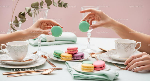 Elegant Pastel Macarons and Fine Tea Set for Stylish Brunch