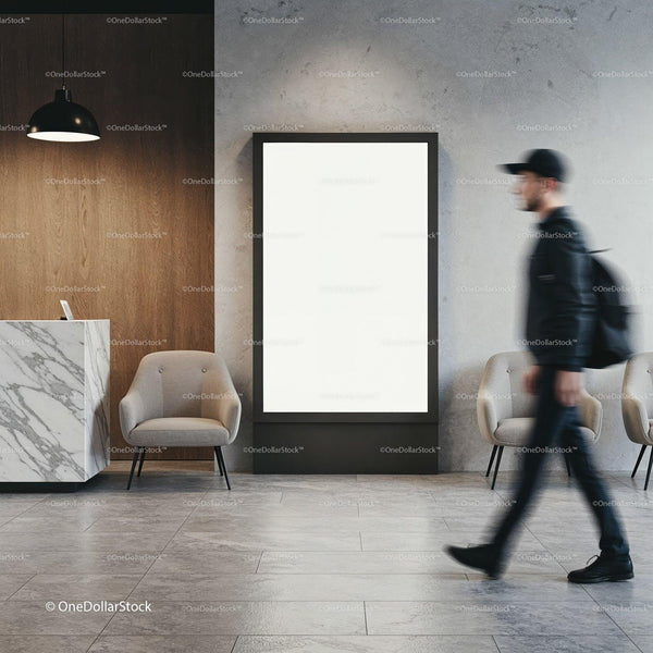 Modern Lobby Interior with Blank Vertical Poster and Walking Man JPG Mockup Image