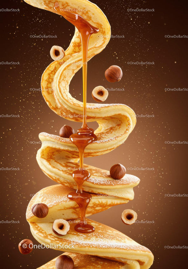 Swirling stack of pancakes with syrup and hazelnuts