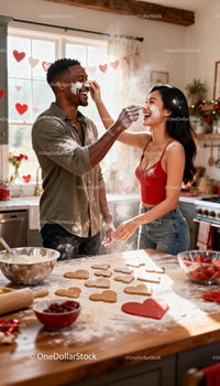 Couple Playfully Baking Heart Cookies in Bright Kitchen