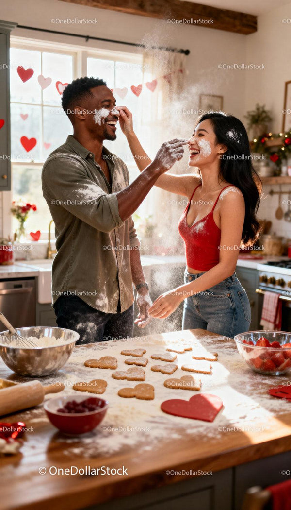 Couple Playfully Baking Heart Cookies in Bright Kitchen