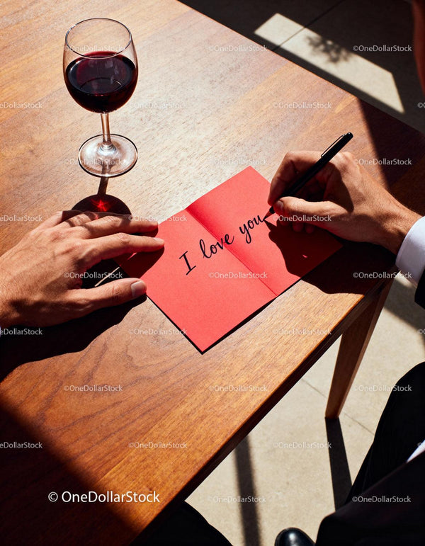 Man Writing Love Message on Red Card with Wine Glass