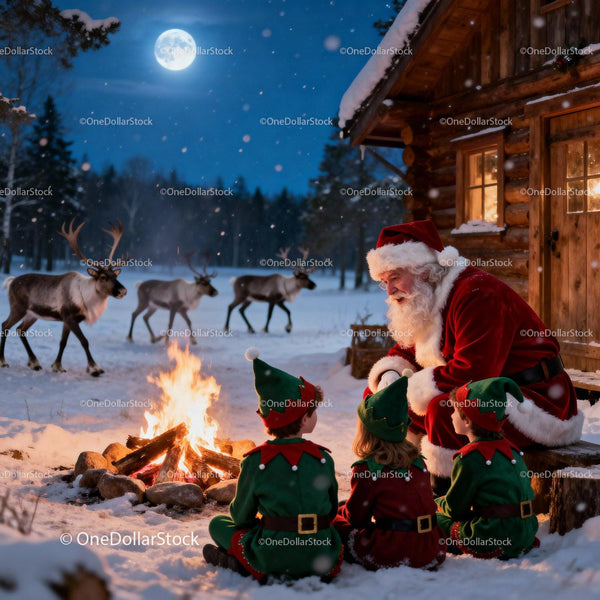 Santa Claus sharing stories with children by campfire
