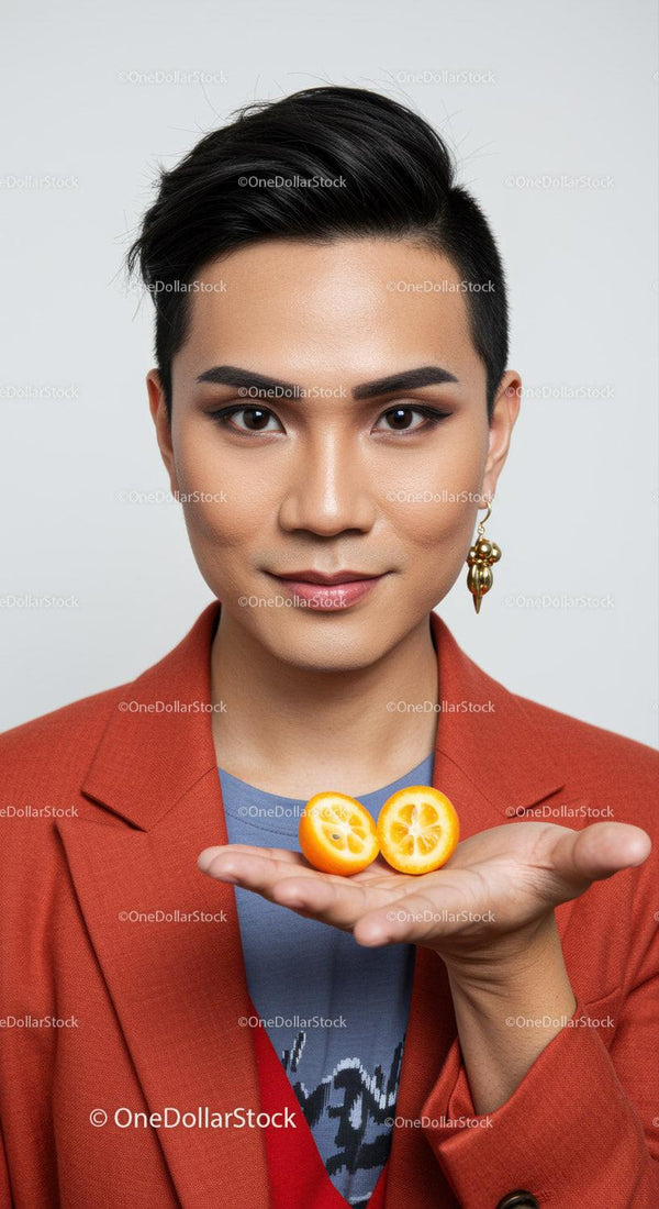 Portret pewnej siebie kobiety trzymającej połówki cytryny w żywym stylu