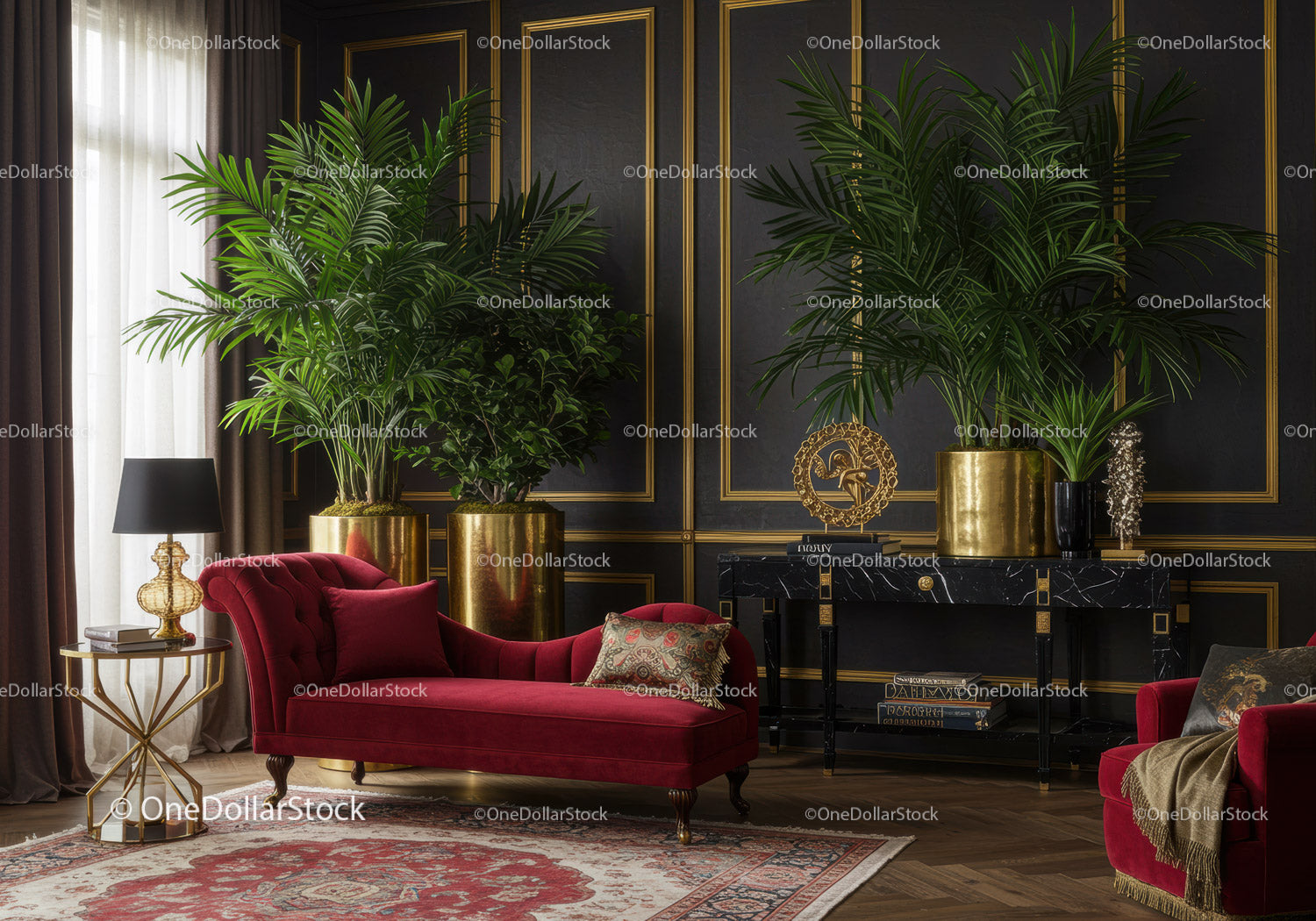 Elegancki salon z czerwoną leżanką i zielenią