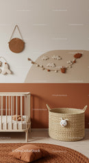 Modern Baby Nursery with Cloud Wall Art and Woven Storage Basket