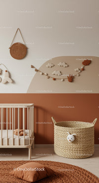 Modern Baby Nursery with Cloud Wall Art and Woven Storage Basket