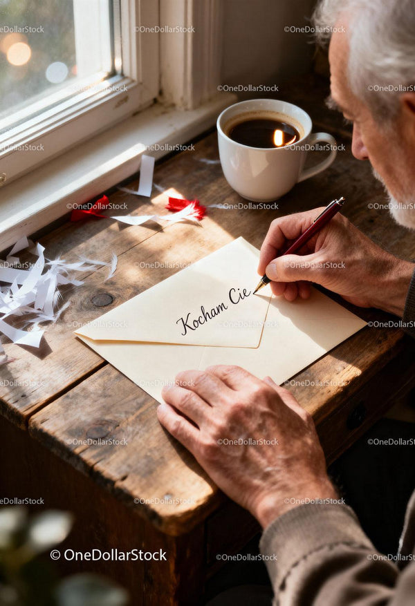 Man writing a heartfelt love letter by the window