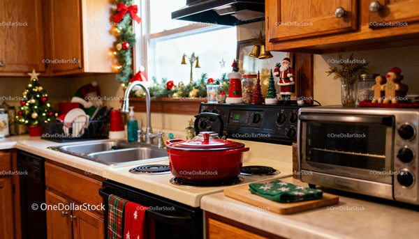 Cozy kitchen decorated with festive Christmas accents