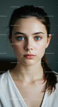 Close-Up Portrait of a Young Woman with Blue Eyes and Brunette Hair