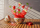Fresh Watermelon Splash with Ice and Mint in Vintage Bowl