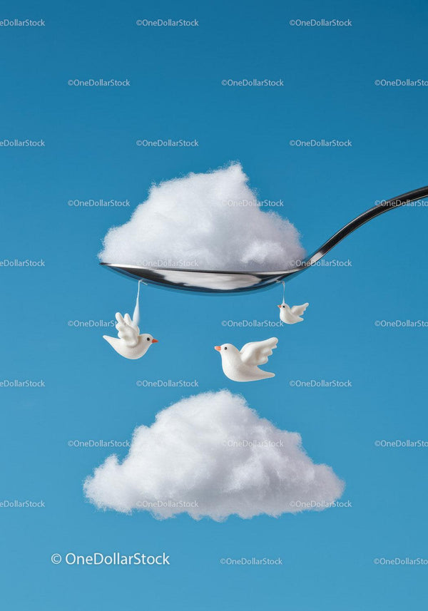 Spoon Lifting Cotton Cloud with Flying White Birds