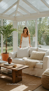 Woman in white dress in bright cozy sunroom