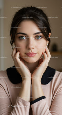 Portrait of a Young Woman with Blue Eyes and Dark Brown Hair