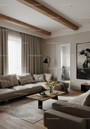 Modern Living Room with Beige Sofa, Wooden Beams and Sunlit Window