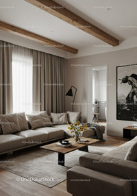 Modern Living Room with Beige Sofa, Wooden Beams and Sunlit Window
