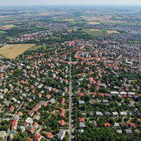 Aerial View of Residential Neighborhood with Greenery and Colorful Rooftops