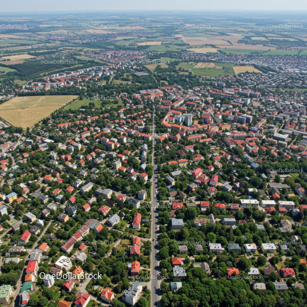 Aerial View of Residential Neighborhood with Greenery and Colorful Rooftops