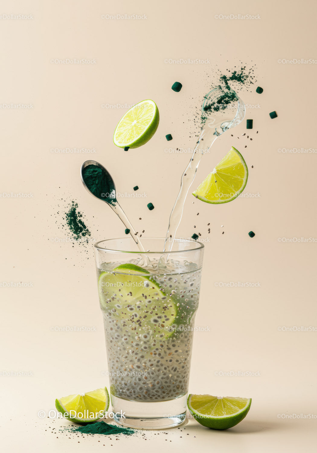 Refreshing Lime Drink with Chia Seeds and Spirulina Powder