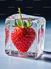 Fresh strawberry preserved inside a clear ice cube