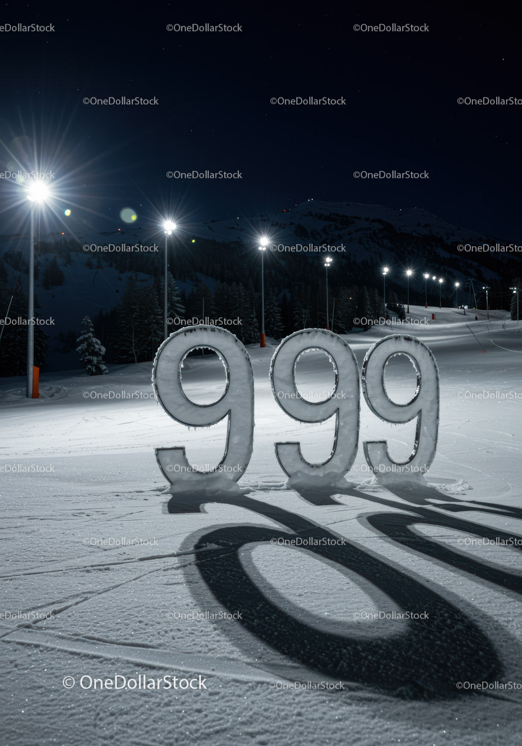 Illuminated snowy number 999 on mountain slope at night