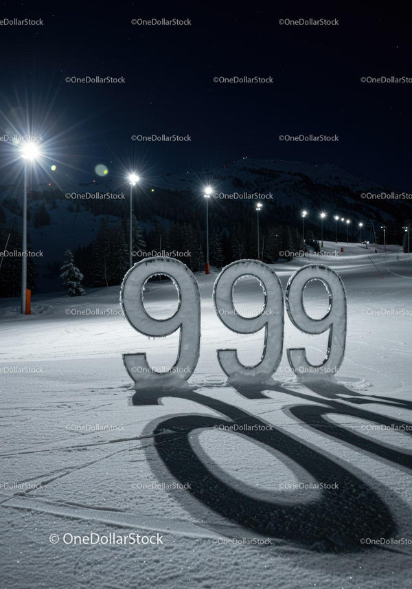 Podświetlona zaśnieżona liczba 999 na górskim stoku nocą