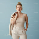 Elegant Woman in Beige Tank Top and Cream Trousers on Pastel Background