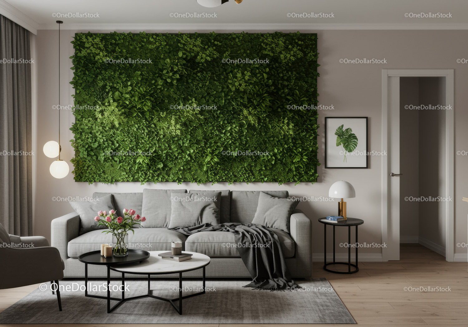 Modern Living Room with Green Plant Wall and Cozy Sofa