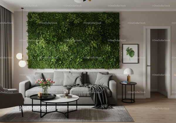 Modern Living Room with Green Plant Wall and Cozy Sofa