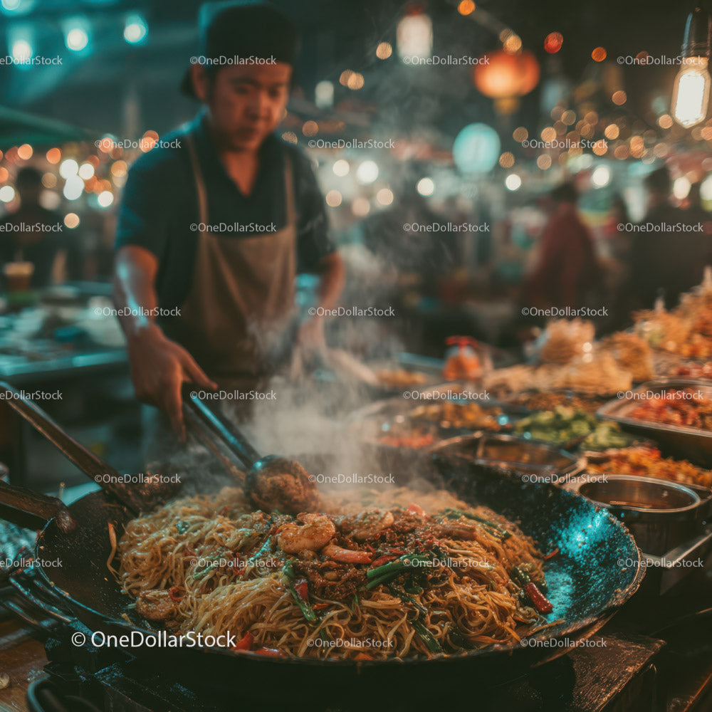 Street Food Vendor Cooking Steaming Noodles at Night Market