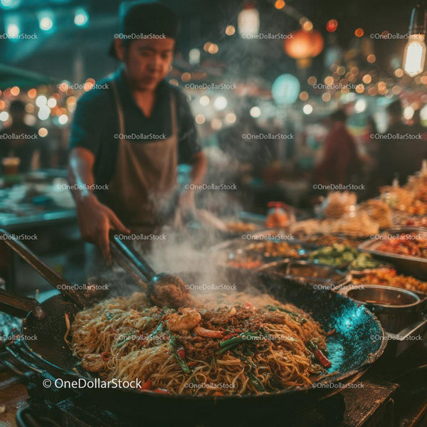 Street Food Vendor Cooking Steaming Noodles at Night Market