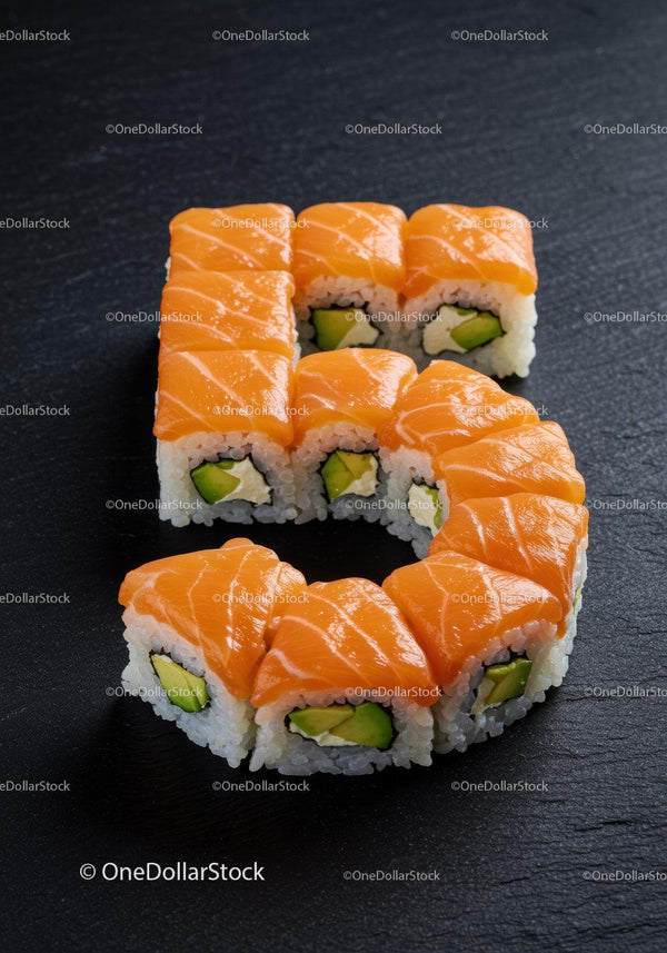 Number 5 shaped sushi rolls with fresh salmon topping