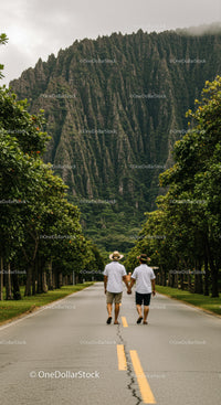 Scenic Mountain Landscape with Tropical Trees and Romantic Couple Walking