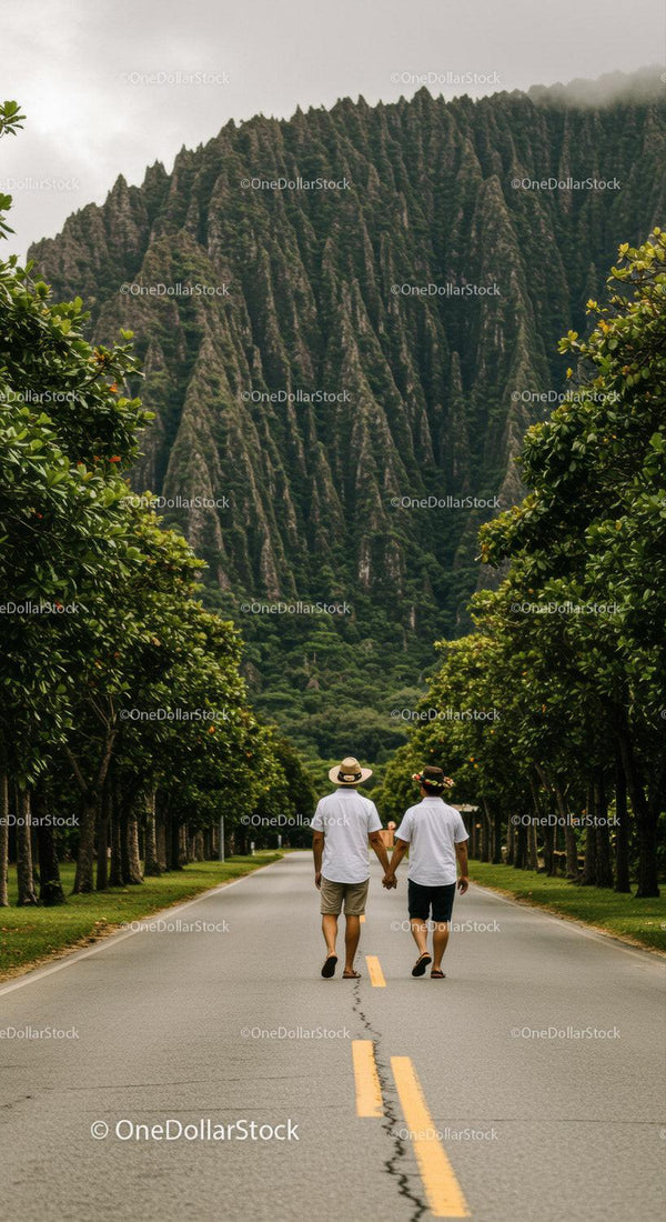 Scenic Mountain Landscape with Tropical Trees and Romantic Couple Walking