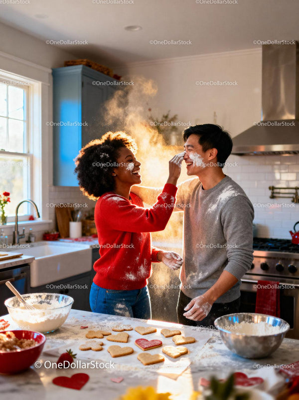 Couple Playfully Baking Heart Shaped Cookies in Kitchen
