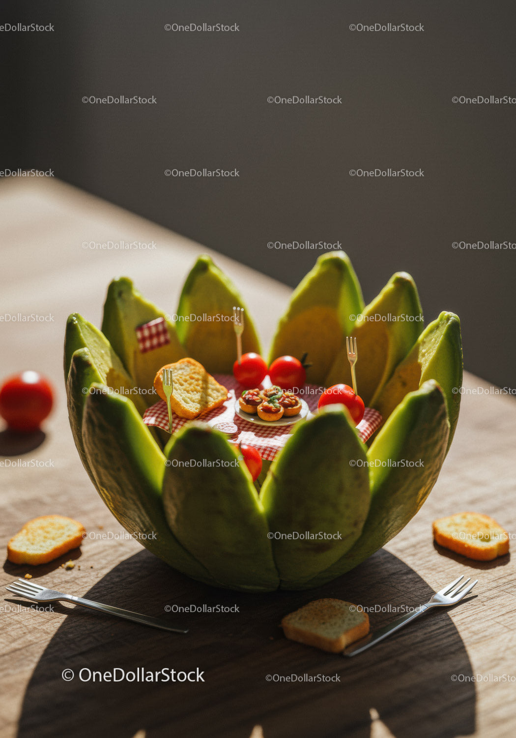 Creative miniature picnic setup inside carved avocado bowl