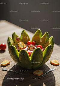 Creative miniature picnic setup inside carved avocado bowl