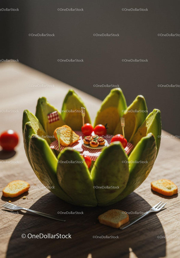 Creative miniature picnic setup inside carved avocado bowl