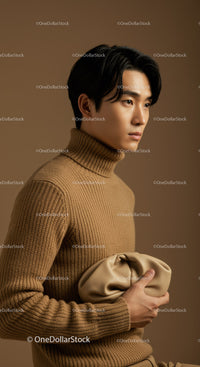 Elegant Asian Man in Beige Turtleneck Sweater Studio Portrait