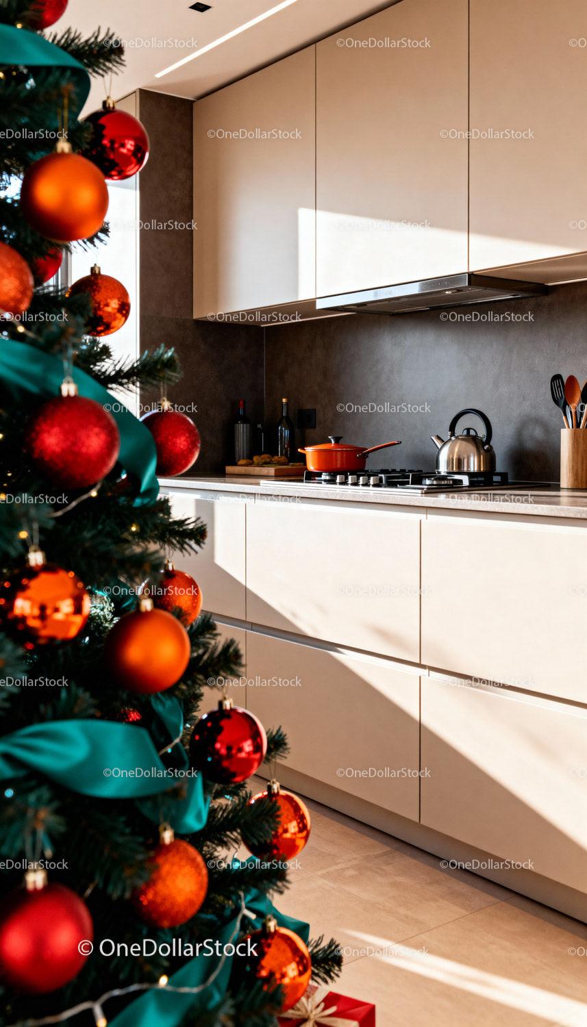 Cozy modern kitchen with decorated Christmas tree