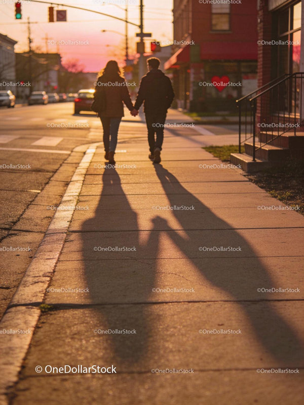 Couple walking hand in hand at sunset street