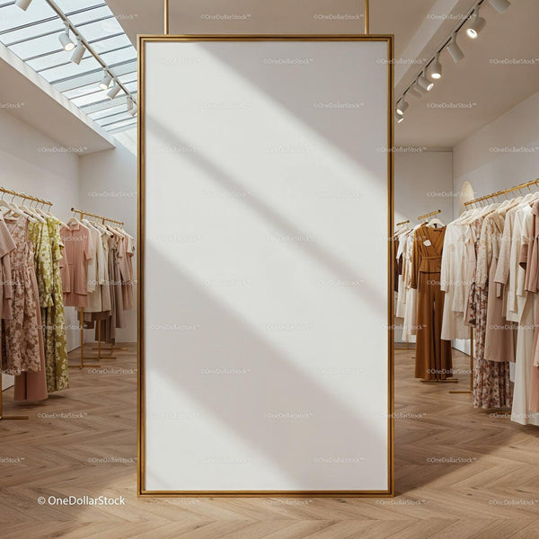 Minimalist Clothing Store Interior with Elegant Wardrobe Display JPG Mockup Image