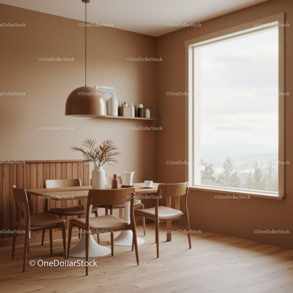 Cozy Scandinavian Dining Room with Wooden Furniture and Large Window