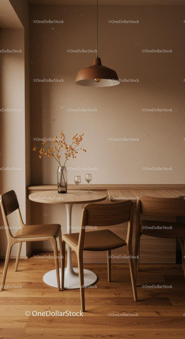 Cozy Modern Dining Area with Wooden Chairs and Dried Flowers
